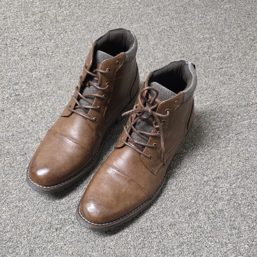 Vostey Men's Brown Leather Motorcycle Cap Toe Chukka Boots